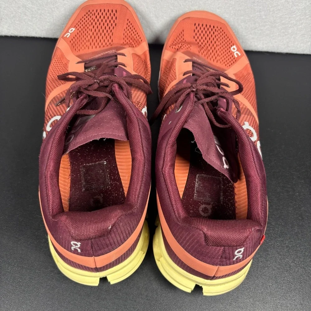 On Cloudflow Running Shoes Mens Size 14 Rust/Limelight Athletic Sneakers Lace Up